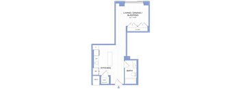 A floor plan of a house with a living/dining/sleeping area, kitchen, bathroom, and closet.