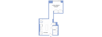 A floor plan of a small apartment with a living room, dining room, kitchen, bathroom, and closet.