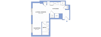 A floor plan of a small apartment with a living/dining area, kitchen, and sleeping area.