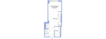 A floor plan of a small apartment with a living/dining/sleeping area, kitchen, bathroom, and closet.