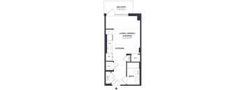 A floor plan of a small apartment with a balcony, living/dining/sleeping area, kitchen, bathroom, and closet.