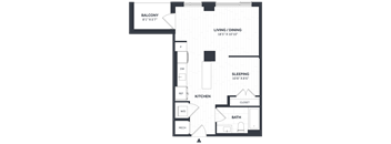 A floor plan of a home with a balcony, living/dining area, kitchen, bathroom, and sleeping area.