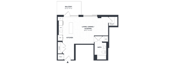 A floor plan of an apartment with a living area, kitchen, bathroom, and bedrooms.