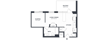 A floor plan of a house with a sleeping area, a living/dining area, a kitchen, a bathroom, and a balcony.