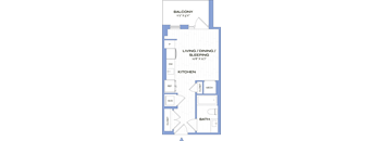 A floor plan of a small apartment with a balcony, kitchen, and bathroom.