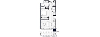 A floor plan of a residence with a kitchen, living room, and bathroom.
