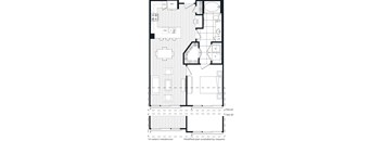 A floor plan of an apartment with a kitchen, living room, and bathroom.