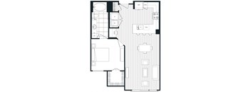 A black and white floor plan of a house with a kitchen, living room, and bathroom.