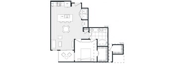 A black and white floor plan of a house with a kitchen, living room, and bathroom.