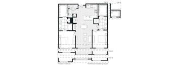 A black and white floor plan of a residence with a living room, dining room, kitchen, and bathrooms.