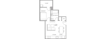A floor plan of a small apartment with a bedroom, bathroom, living room, kitchen, and dining area.