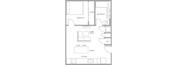 A floor plan of a house with labeled rooms including a bedroom, living room, dining room, kitchen, and bathroom.