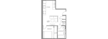 A floor plan of a small apartment with a kitchen, living room, bedroom, and bathroom.