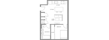 A floor plan of a house with a kitchen, living room, bedroom, bathroom, and closet.