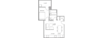 A floor plan of a small apartment with a bedroom, bathroom, living room, kitchen, and dining area.