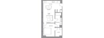 A floor plan of a house with a kitchen, dining area, living room, bathroom, bedroom, and closet.