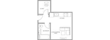 A floor plan of a small apartment with a living area, kitchen, and bathroom.