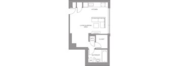 A floor plan of a small apartment with a kitchen, living area, bathroom, and closet.