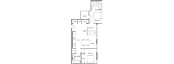 A floor plan of a house with a living room, two bedrooms, a kitchen, and a bathroom.