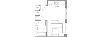A floor plan of a small apartment with a kitchen, bathroom, and living-sleeping area.