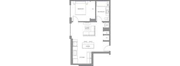 A floor plan of a house with a bedroom, bathroom, living room, dining room, and kitchen.