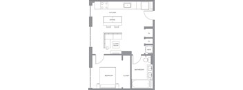 A floor plan of a house with a kitchen, dining room, living room, bedroom, bathroom and closet.