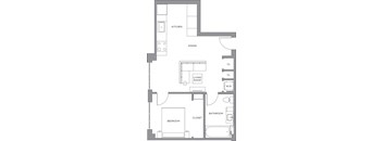 A floor plan of a house with a kitchen, dining area, living room, bedroom, bathroom, and closet.