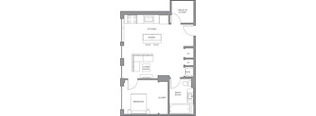 A floor plan of a small apartment with a bedroom, living room, kitchen, and bathroom.