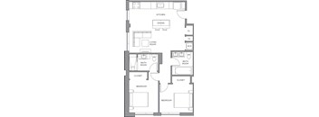 A floor plan of a house with two bedrooms, two bathrooms, a living room, a kitchen, a dining area, and two closets.