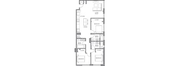 A floor plan of a house with two bedrooms, two bathrooms, a living room, a kitchen, and a dining area.