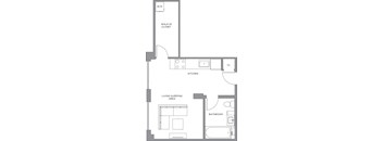 A floor plan of a small apartment with a living area, kitchen, and bathroom.