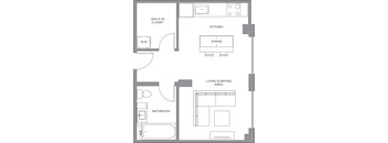 A floor plan of a house showing a living room, dining room, kitchen, bathroom, and walk-in closet.