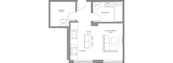 A floor plan of a small apartment with a kitchen, living room, and bathroom.