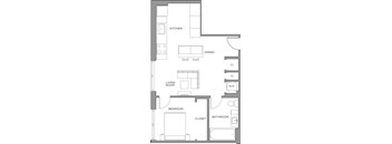 A floor plan of a house with labeled rooms such as kitchen, dining, living room, bedroom, bathroom, and closet.
