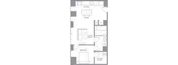 A floor plan of a house with a kitchen, dining room, living room, bathroom, bedroom, and walk-in closet.