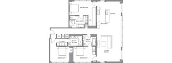 A floor plan of a house with labeled rooms such as bedroom, bathroom, and kitchen.