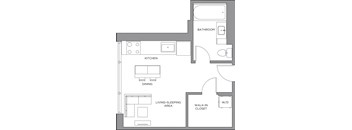 A floor plan of a small apartment with a kitchen, dining area, living-sleeping area, bathroom, and walk-in closet.