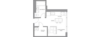 A floor plan of a small apartment with a living room, dining room, kitchen, bathroom, and walk-in closet.