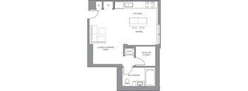 A floor plan of a small apartment with a living area, dining area, kitchen, bathroom, and a walk-in closet.
