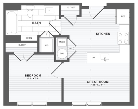 A floor plan of a house with a bedroom, bathroom, kitchen, and great room.