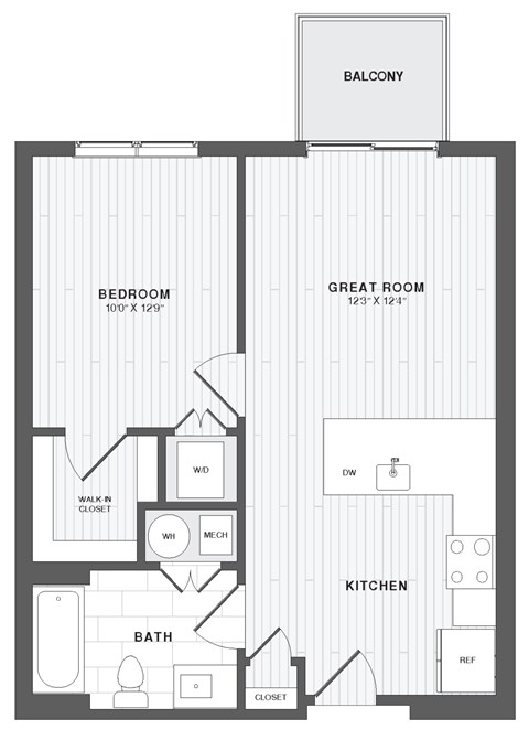 A black and white image of a floor plan for a balcony, bedroom, great room, kitchen, and bath.
