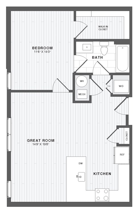 A floor plan of a house with a bedroom, bathroom, great room, and kitchen.