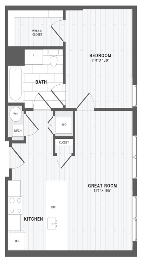 A floor plan of a home with a bedroom, bathroom, kitchen, and great room.