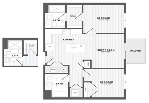 A floor plan of a house with a kitchen, two bathrooms, a great room, and two bedrooms.