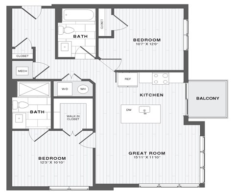 A floor plan of a house with a kitchen, two bathrooms, two bedrooms, a great room, and a balcony.
