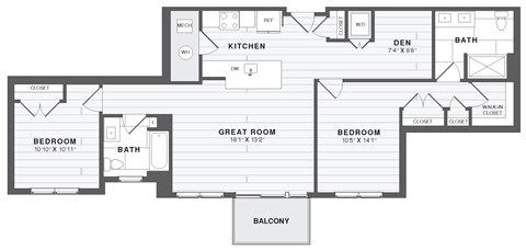 A floor plan of a house with two bedrooms, a kitchen, a bath, a great room, and a balcony.