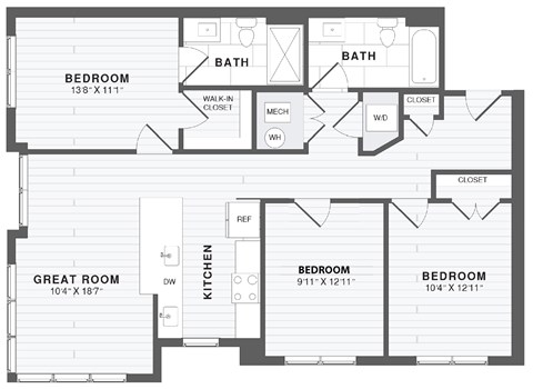 A floor plan of a house with three bedrooms, a great room, and a kitchen.