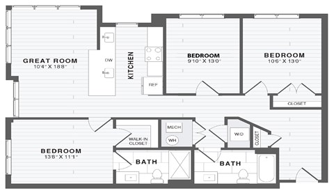 A floor plan of a house with a great room, kitchen, and four bedrooms.