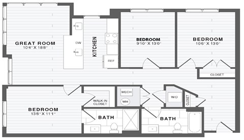 A floor plan of a house with a great room, kitchen, and three bedrooms.