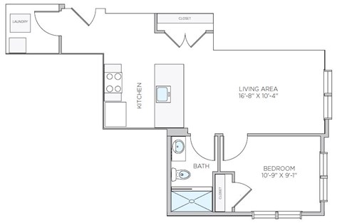 A floor plan of a small apartment with a living area, kitchen, bathroom, and bedroom.